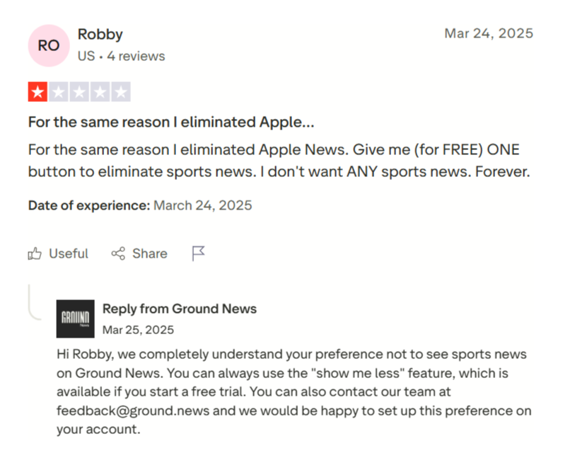 An avoidable review that someone gave to Ground News on Trustpilot An avoidable review that someone gave to Ground News on Trustpilot