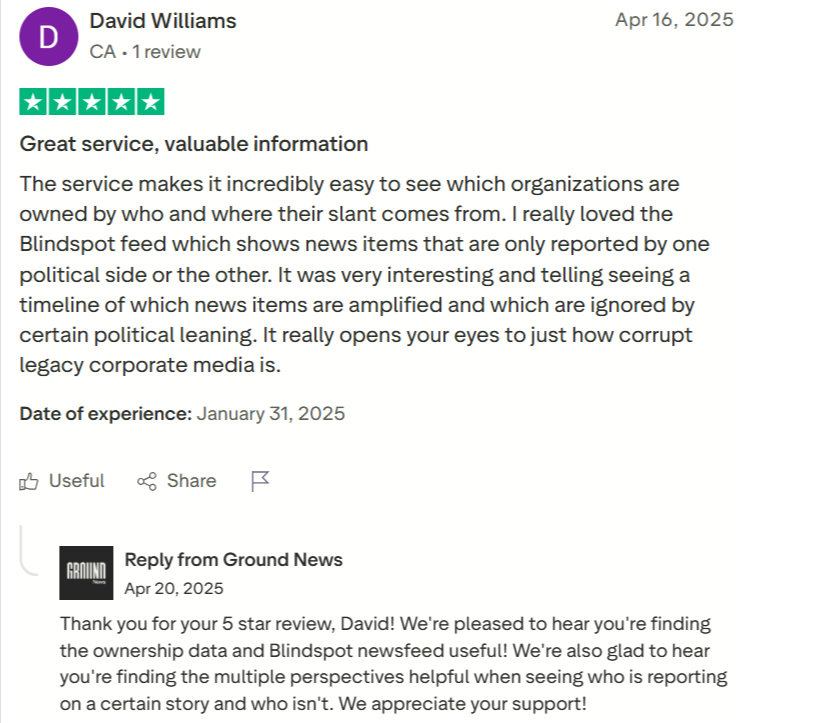 David Williams giving Ground News 5 star rating and review on Trustpilot
