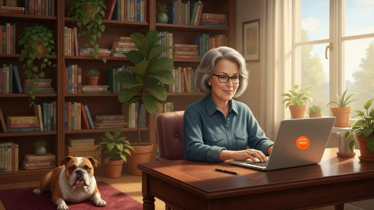 Lisa Sicard writing blog posts at her desk with her bulldog Stella in her home office