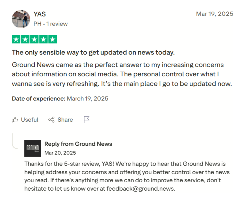 Trust pilot review highlighting Ground News as the only place to go for trusted news