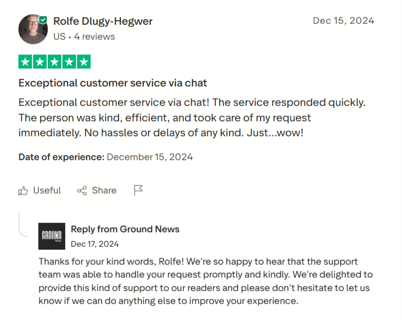 Trustpilot review showing Ground News has wonderful customer service Trustpilot review showing Ground News has wonderful customer service