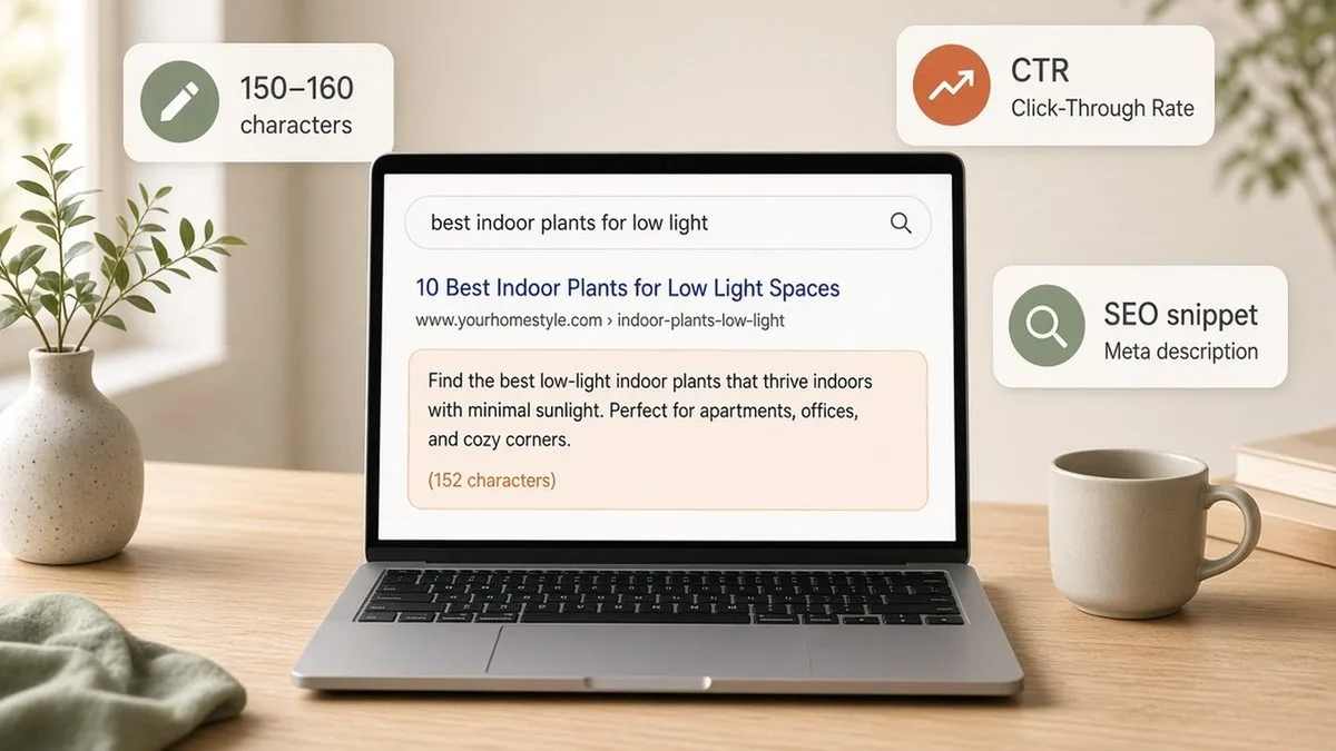 Laptop showing a Google-style search snippet with a highlighted meta description of 152 characters.