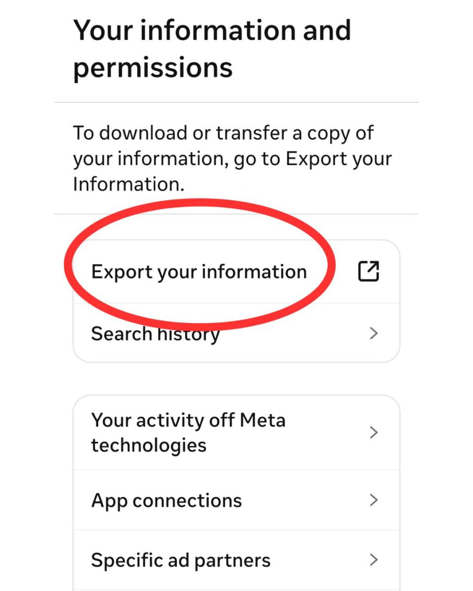 Export your Instagram information and permissions Meta Accounts Center – Export Your Information screen with Download button highlighted.