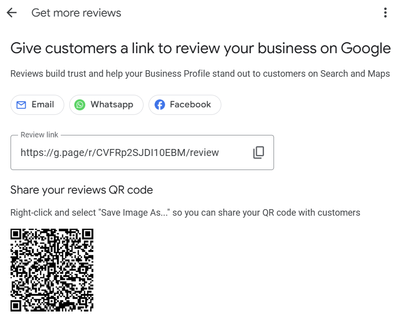 use the link or QR code to ask for Google reviews