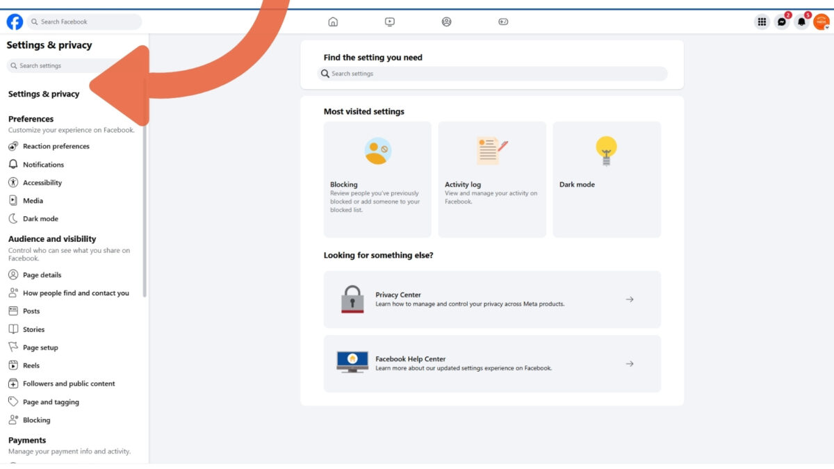 How to find our Facebook page settings