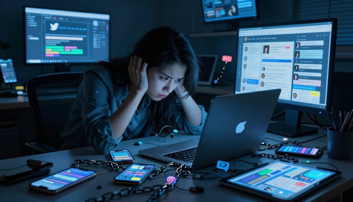 frustrated-office-worker-social-media-overload with links frustrated social media manager with too many links