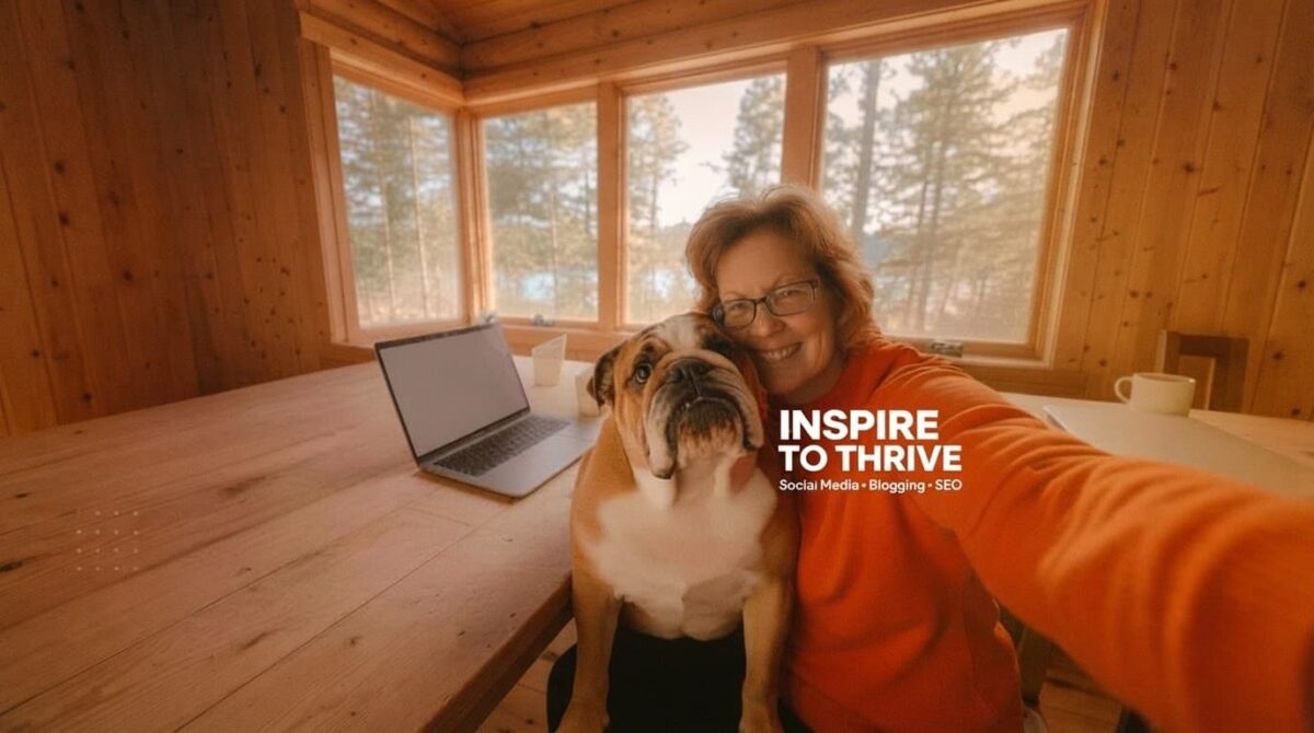 Lisa with her dog Stella writing blog posts from the laptop