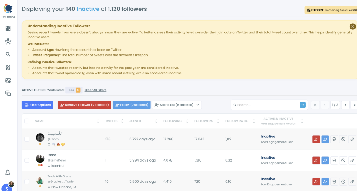 Circleboom inactive X followers dashboard showing filtered list and bulk remove options in 2026