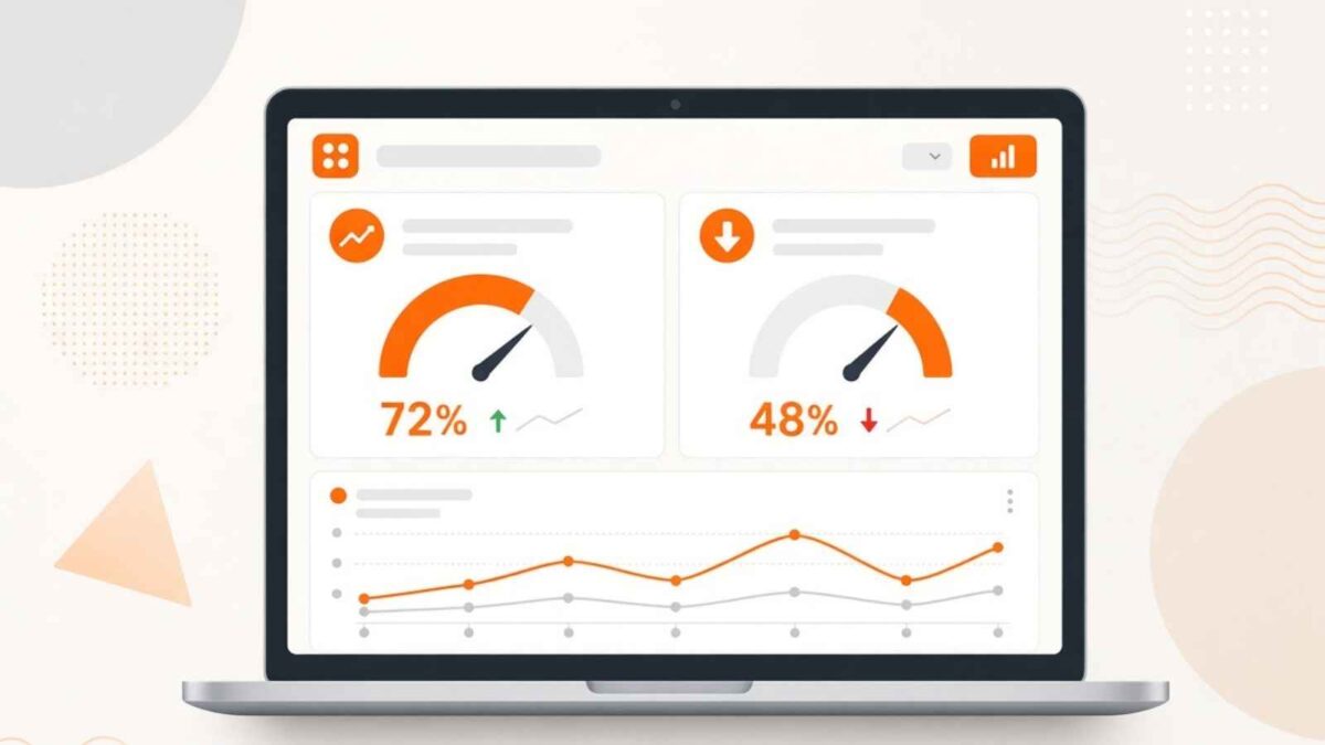 Laptop screen showing Google Analytics-style dashboard with engagement rate gauge at 72% and bounce rate gauge at 48%, orange charts and metrics