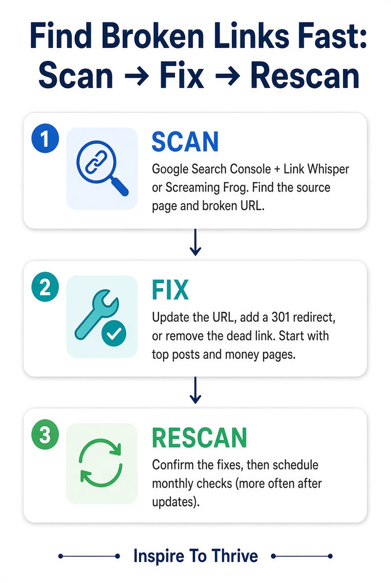 Scan, fix, and rescan workflow for finding and fixing broken links on a website