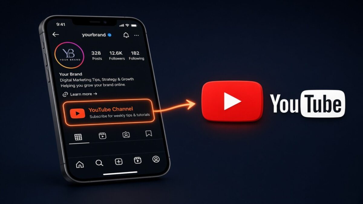 Smartphone showing an Instagram bio with a highlighted YouTube Channel link pointing to the YouTube logo