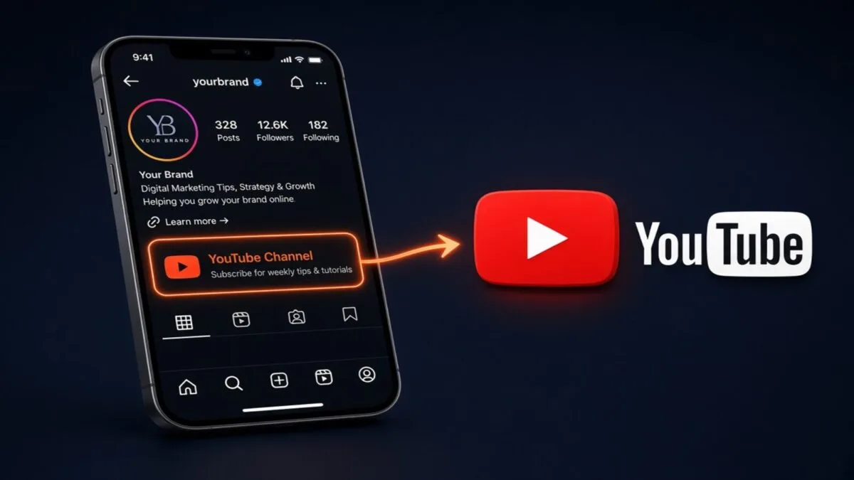 Smartphone showing an Instagram bio with a highlighted YouTube Channel link pointing to the YouTube logo