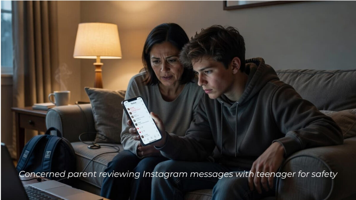 Concerned parent reviewing Instagram messages with teenager for safety