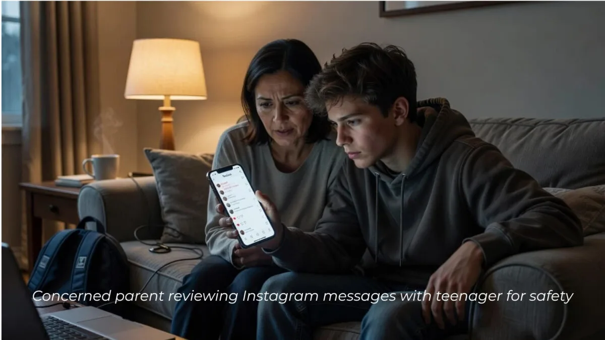 Concerned parent reviewing Instagram messages with teenager for safety