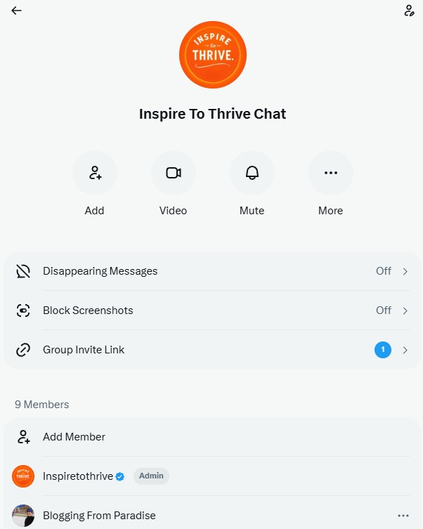 Screenshot of Inspire To Thrive XChat group chat showing the public invite link and key privacy features like disappearing messages and screenshot blocking.