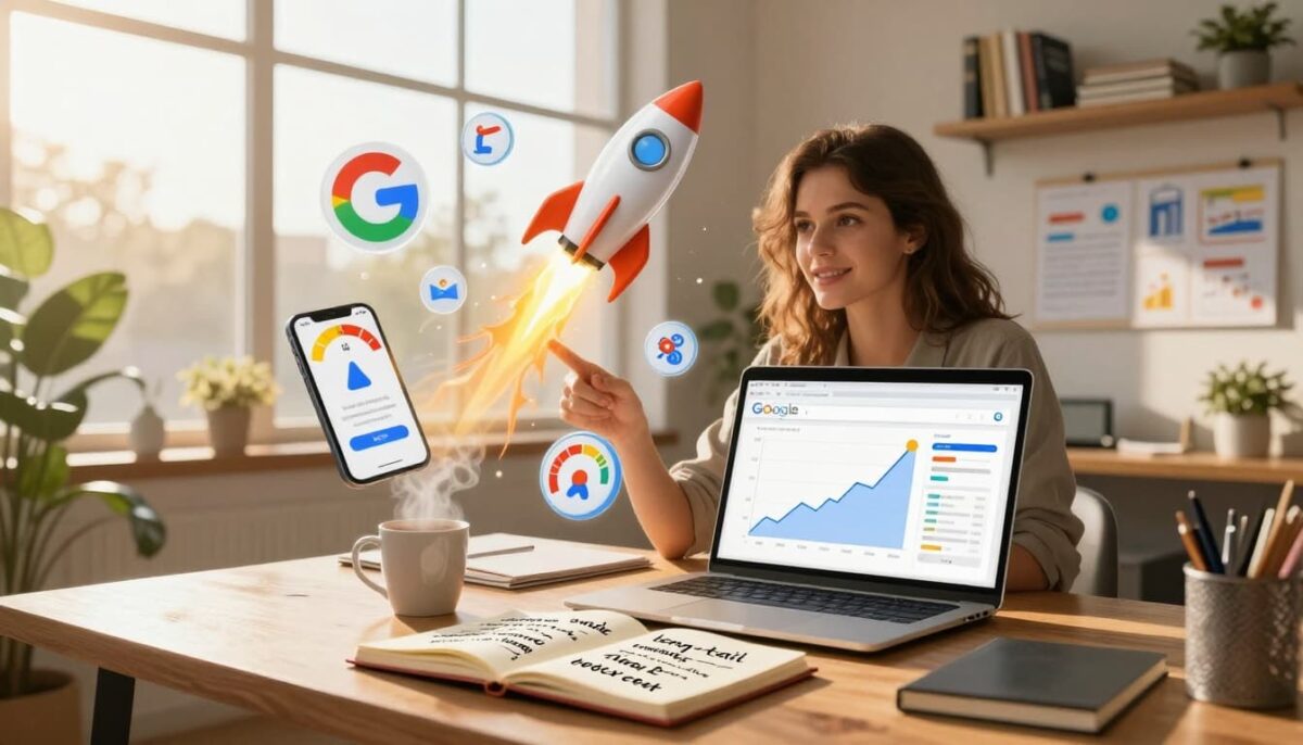 boost your blog with image SEO Enthusiastic blogger examines SEO graphs on screen; floating elements include Google, phone, and rocket ship.