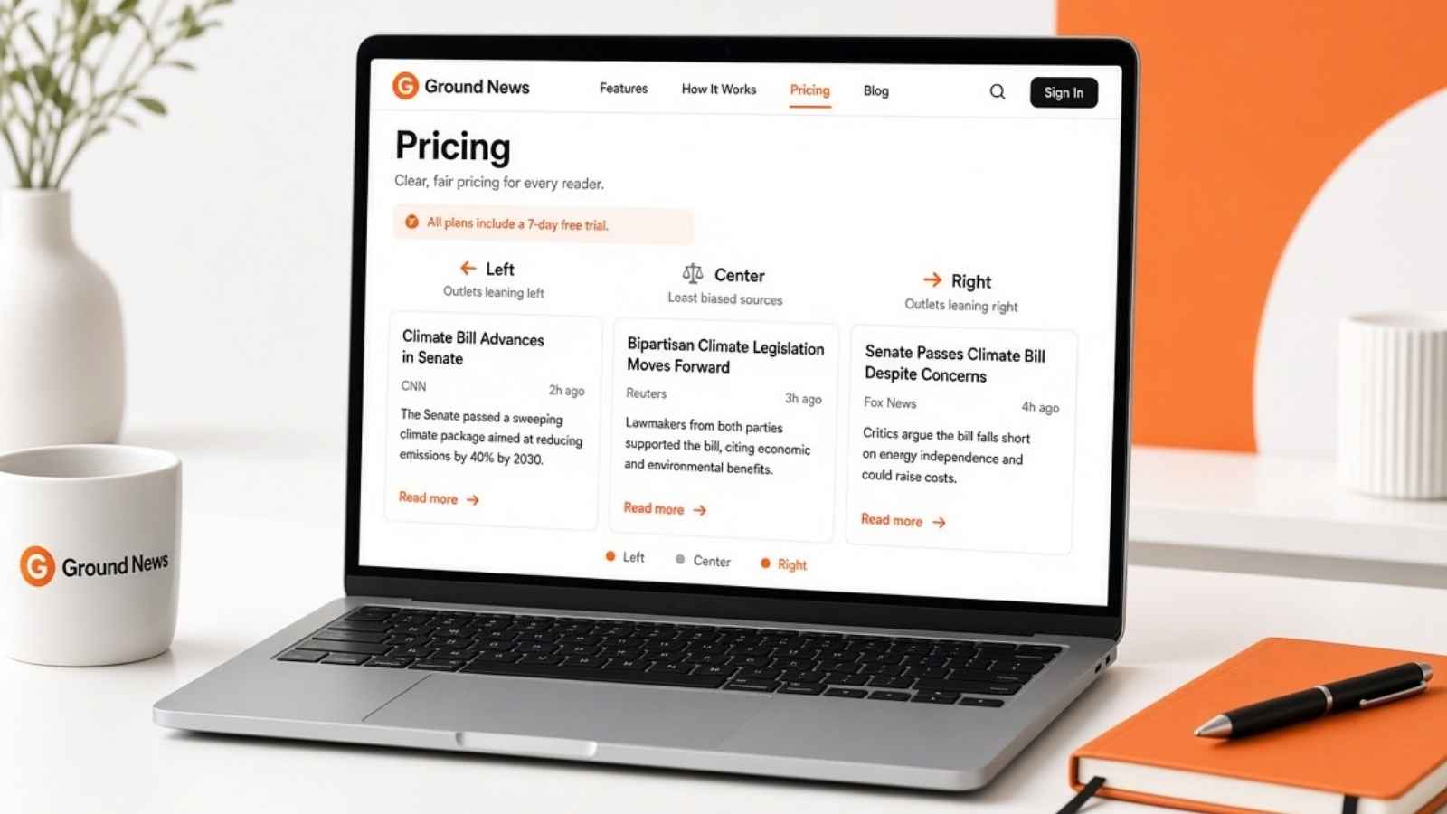 Laptop on a white desk showing the Ground News pricing page with left, center, and right bias comparison cards, orange accents, and a coffee mug.