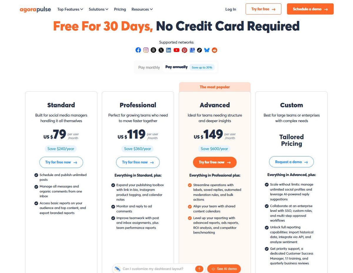 Agorapulse pricing 2026 - you can try for FREE for 30 days.
