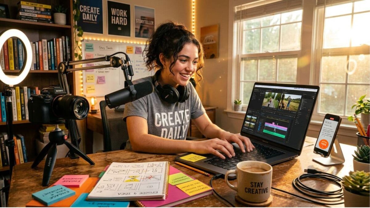 young girl learning new content creator skills at her home office desk