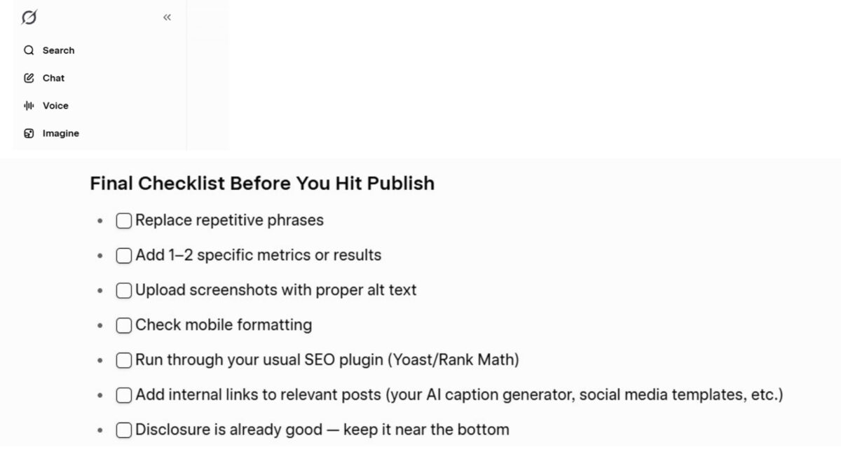 Grok conversation improving headlines and E-E-A-T elements on a RightBlogger draft