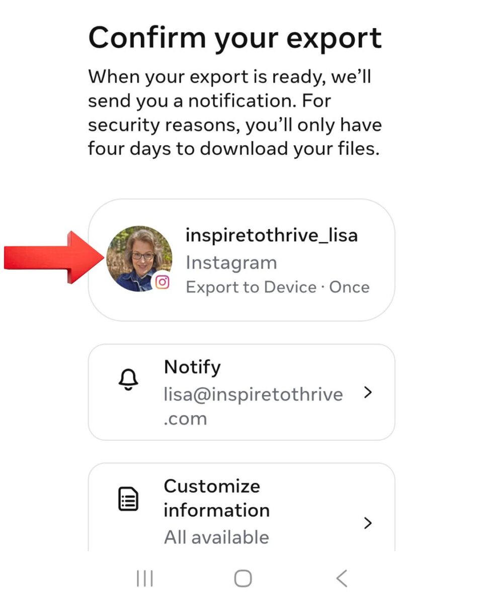 confirm your instagram export file Instagram data export request confirmation screen showing estimated delivery. time