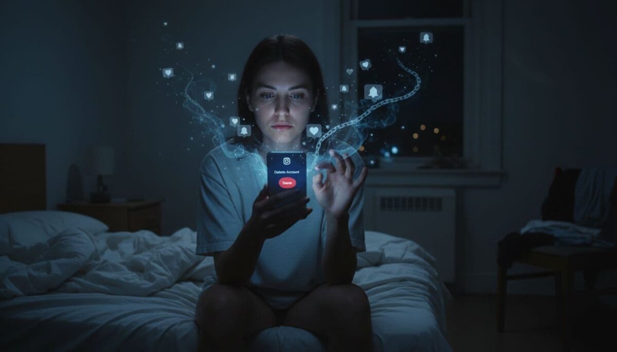 should I delete my Instagrm account Person overwhelmed by Instagram feed on phone, illustrating why many choose to delete their account