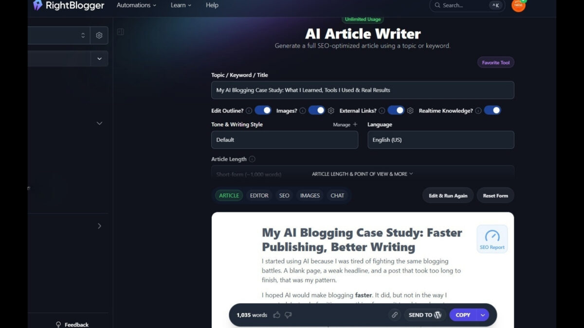 RightBlogger AI interface generating blog post draft