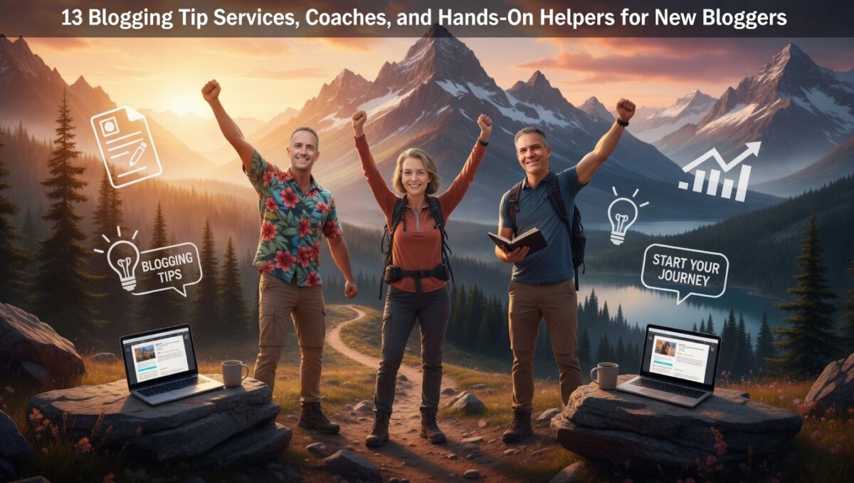 yan Robinson (left), Lisa Sicard (center), and Ryan Biddulph (right) celebrating success on a scenic mountain trail with laptops and motivational icons, representing 13 Blogging Tip Services, Coaches, and Hands-On Helpers for New Bloggers