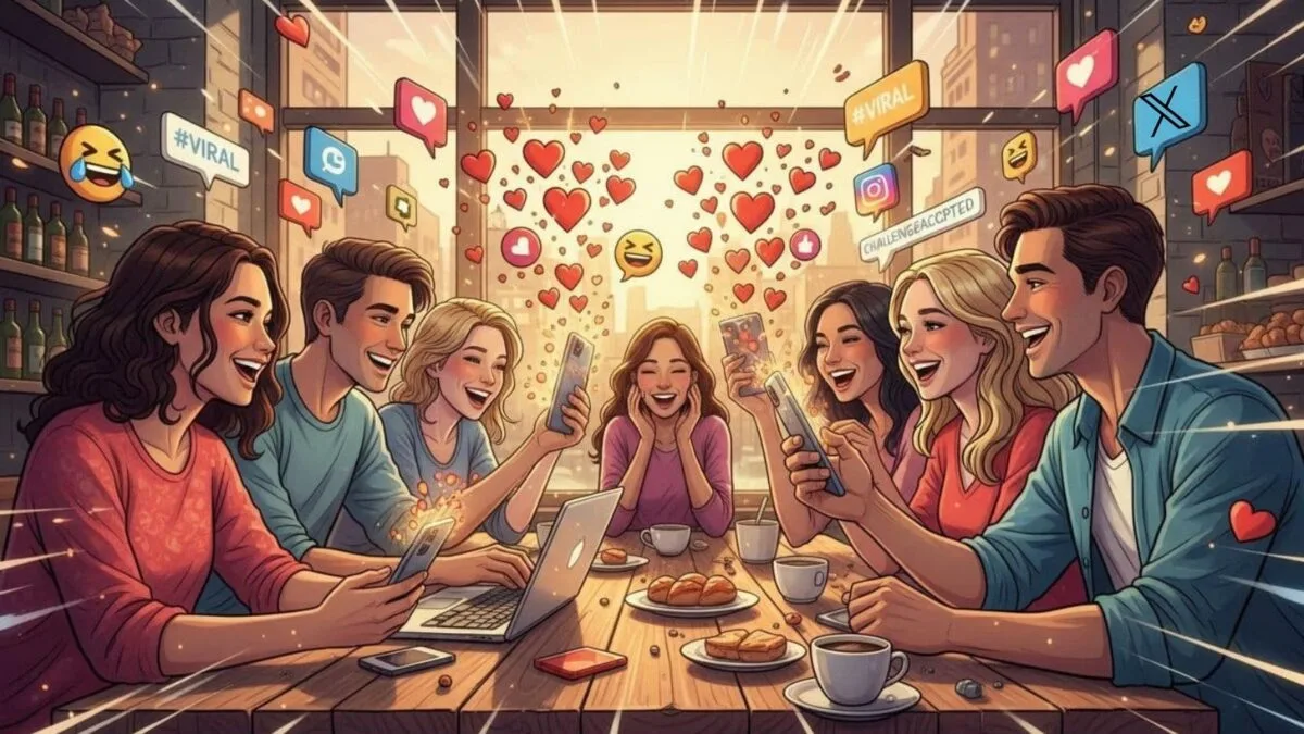 A ground of young people drinking coffee and getting social media engagement tips on their phones and laptops.