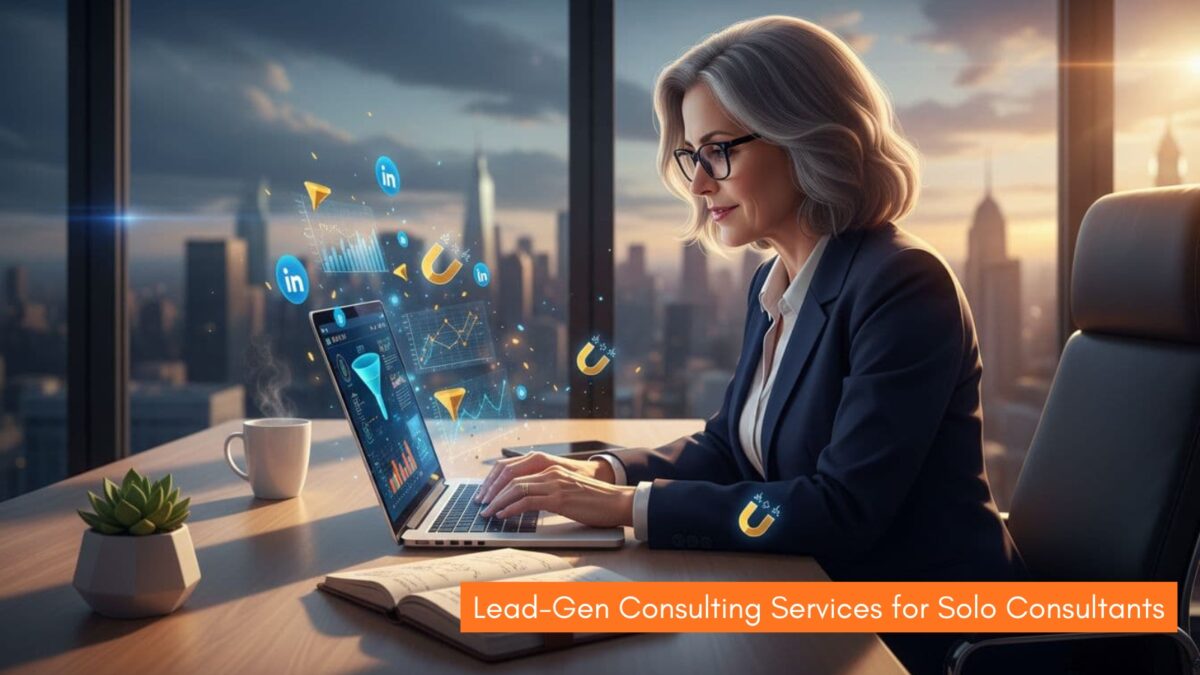 a solo marketing consulting services lady at a desk with lead icons, charts, or LinkedIn/SEO symbols