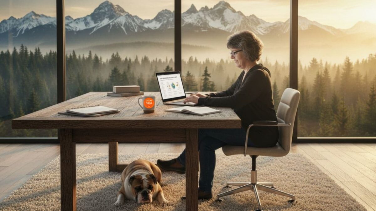 Show Lisa sicard of inspire to thrive blogging about non-commodity content with background of the woods and mountains with her light colored Victorian bulldog nearby