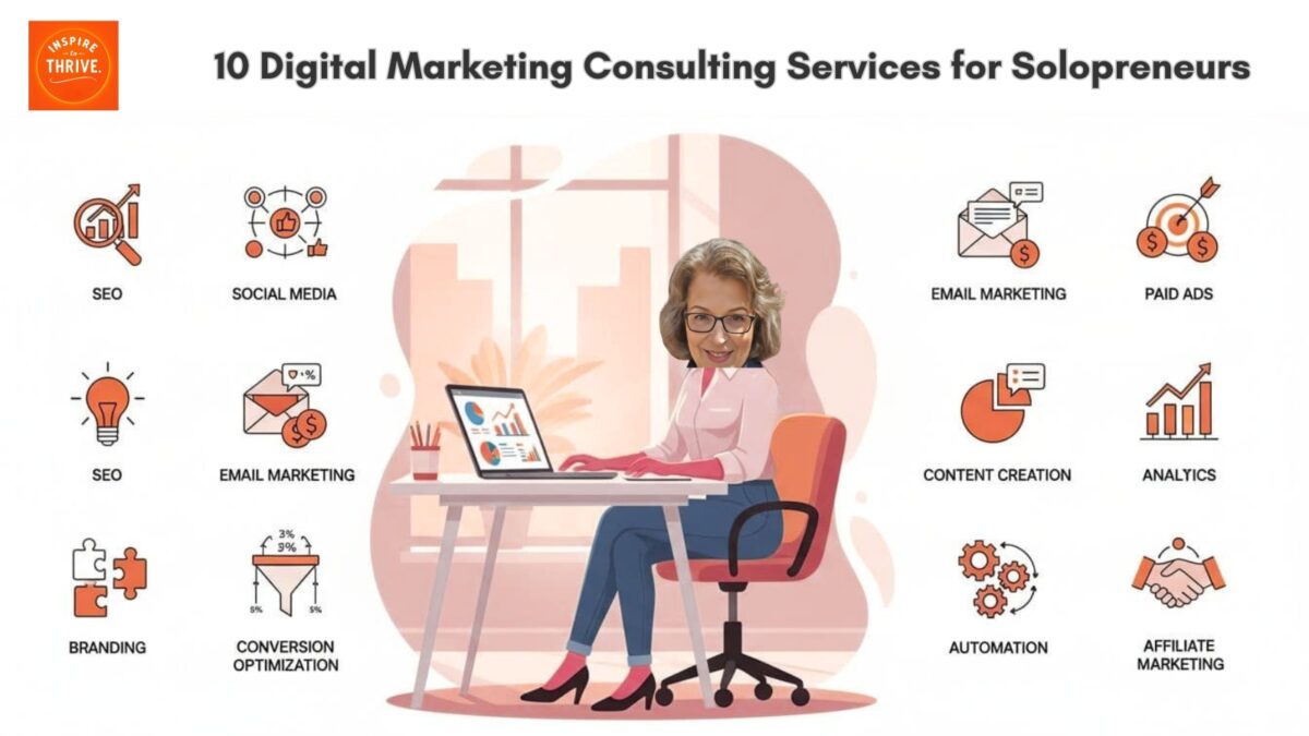 10 Digital Marketing Consulting Services for Solopreneurs. Shows Lisa Sicard of Inspire to Thrive working at a desk surrounded by digital marketing icons including SEO, social media, email marketing, paid ads, content creation, and more.