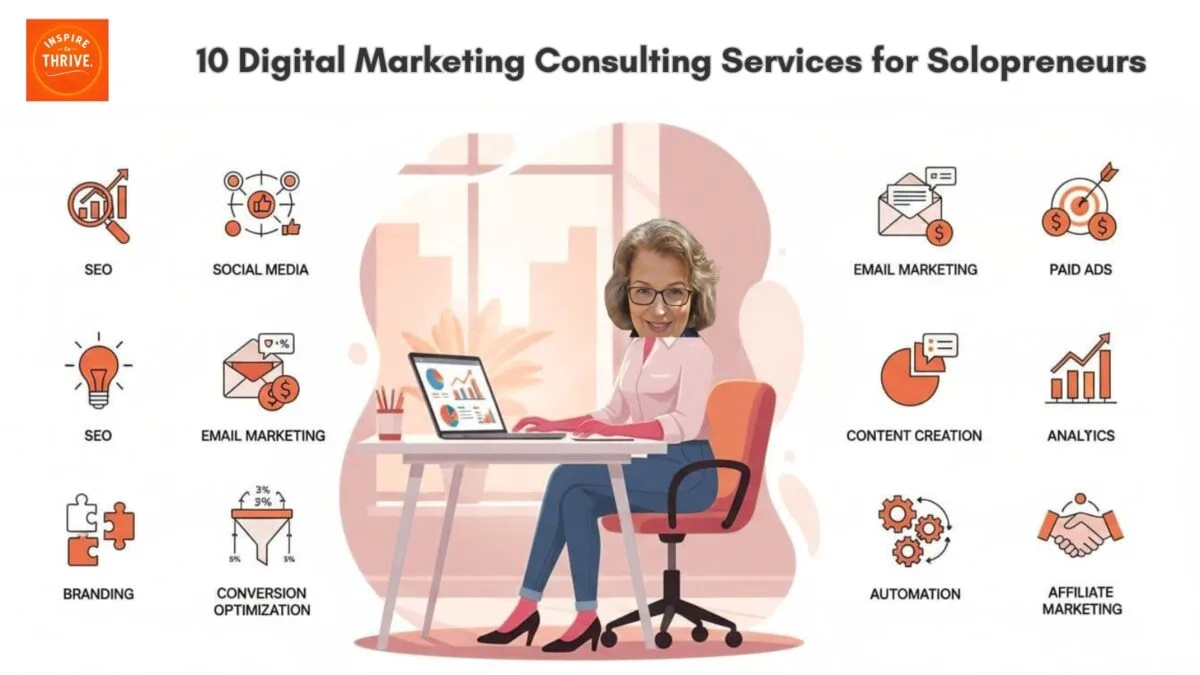 10 Digital Marketing Consulting Services for Solopreneurs. Shows Lisa Sicard of Inspire to Thrive working at a desk surrounded by digital marketing icons including SEO, social media, email marketing, paid ads, content creation, and more.