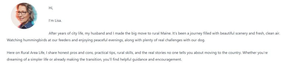 about Lisa on Rural Area Life blog