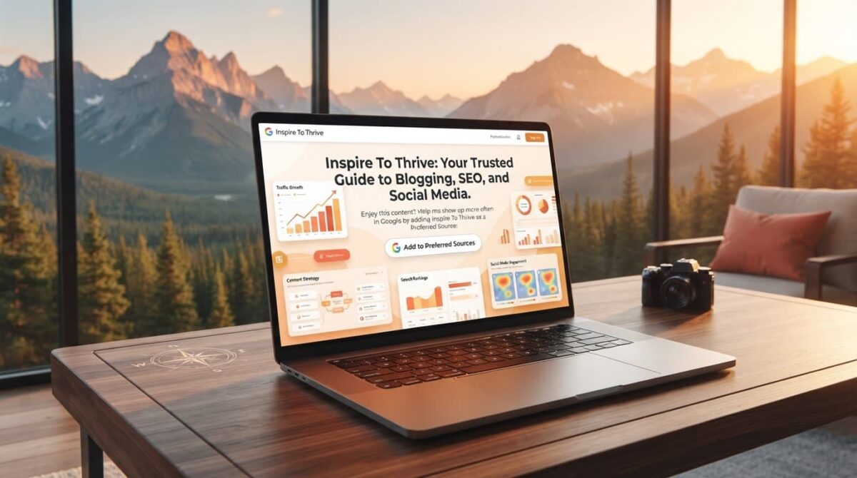 Open laptop displaying Inspire To Thrive as a trusted blogging SEO and social media guide with Google Preferred Sources button, traffic charts, and scenic mountain landscape.