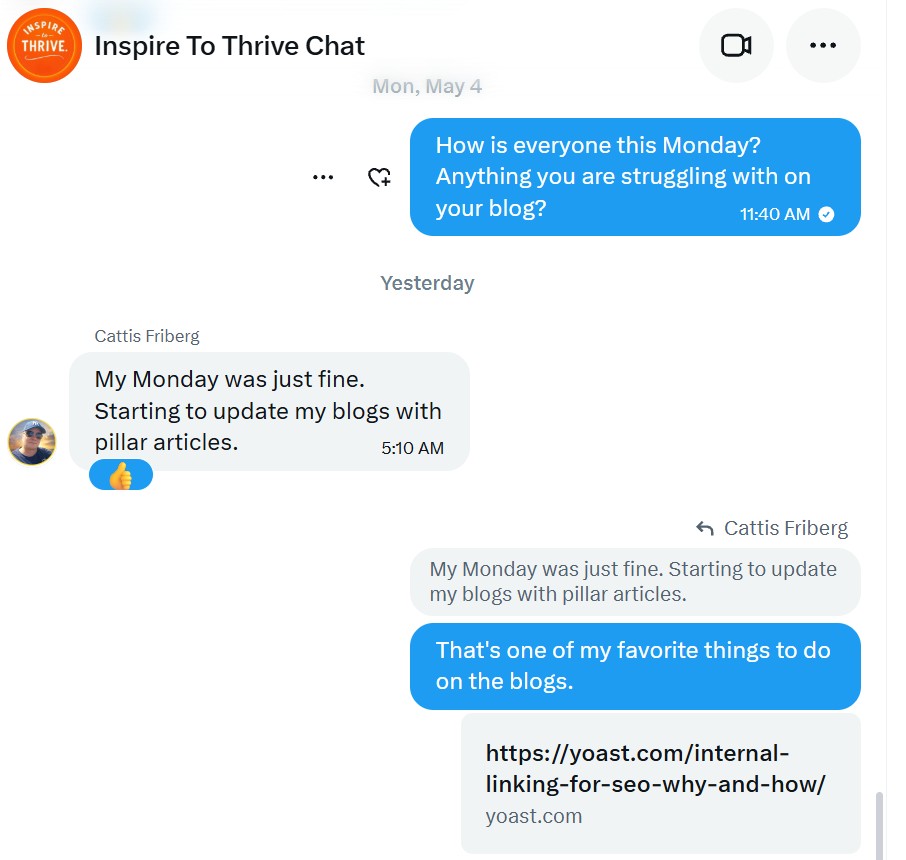 new inspire to thrive chat link feature Inspire To Thrive private chat screenshot demonstrating community engagement and practical SEO tips for bloggers and business owners