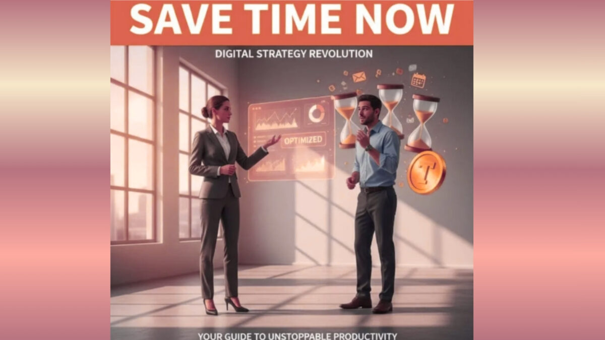 A man and a woman learning how to save time on their digital marketing.