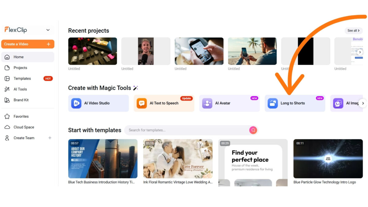 FlexClip easy to use dashboard to create videos in minujtes.