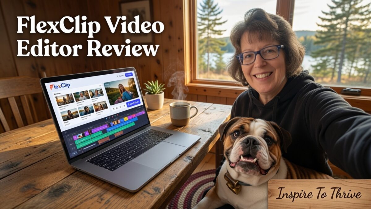 Lisa Sicard editing videos with FlexClip video editor while Stella the bulldog mascot watches – Inspire To Thrive