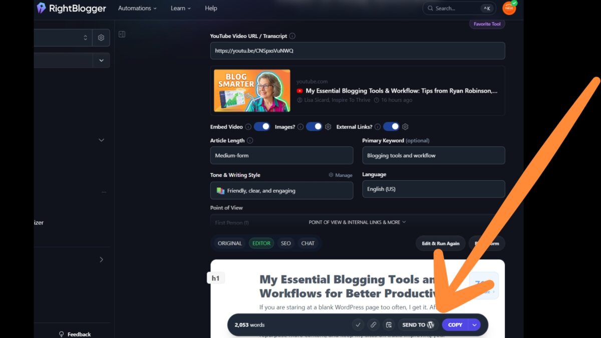 the right blogger send to wordpress feature in action the right blogger send to WordPress feature in action