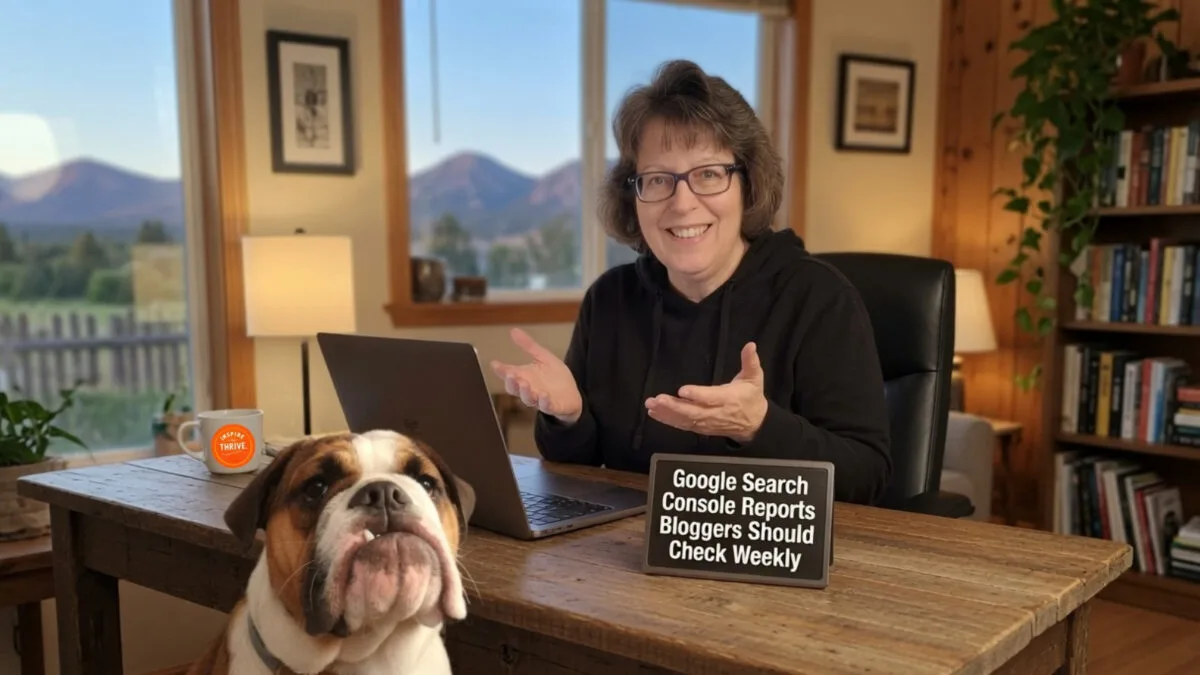 Lisa explaining Google Search Console Reports Bloggers Should Check Weekly with her dog Stella nearby.