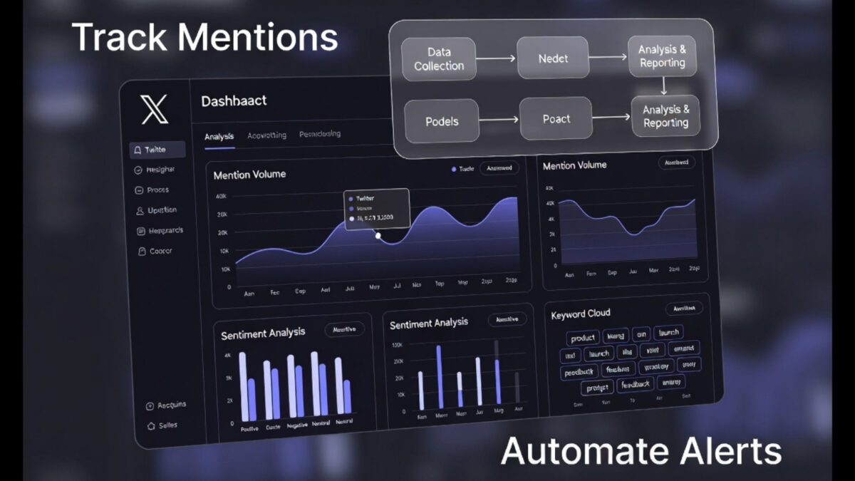 Modern social media analytics dashboard showing X brand mention tracking with sentiment analysis charts, mention volume graphs, keyword cloud, and automation workflow overlay.