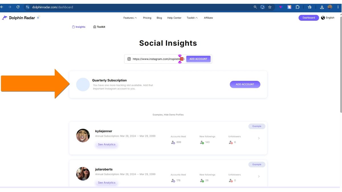 Dolphin Radar dashboard – tracking new followers, unfollowers, and accounts liked.
