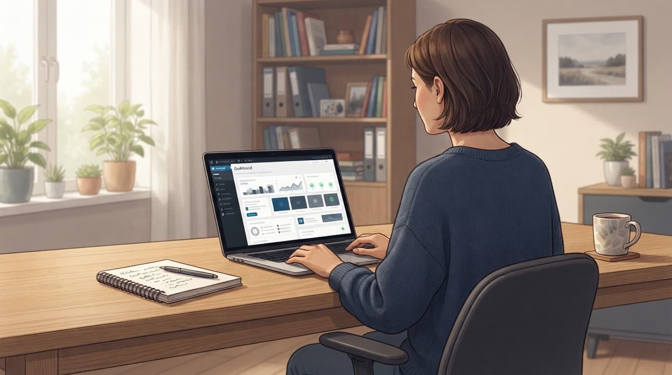 Blogger reviewing website security on a laptop beside a notebook and coffee.