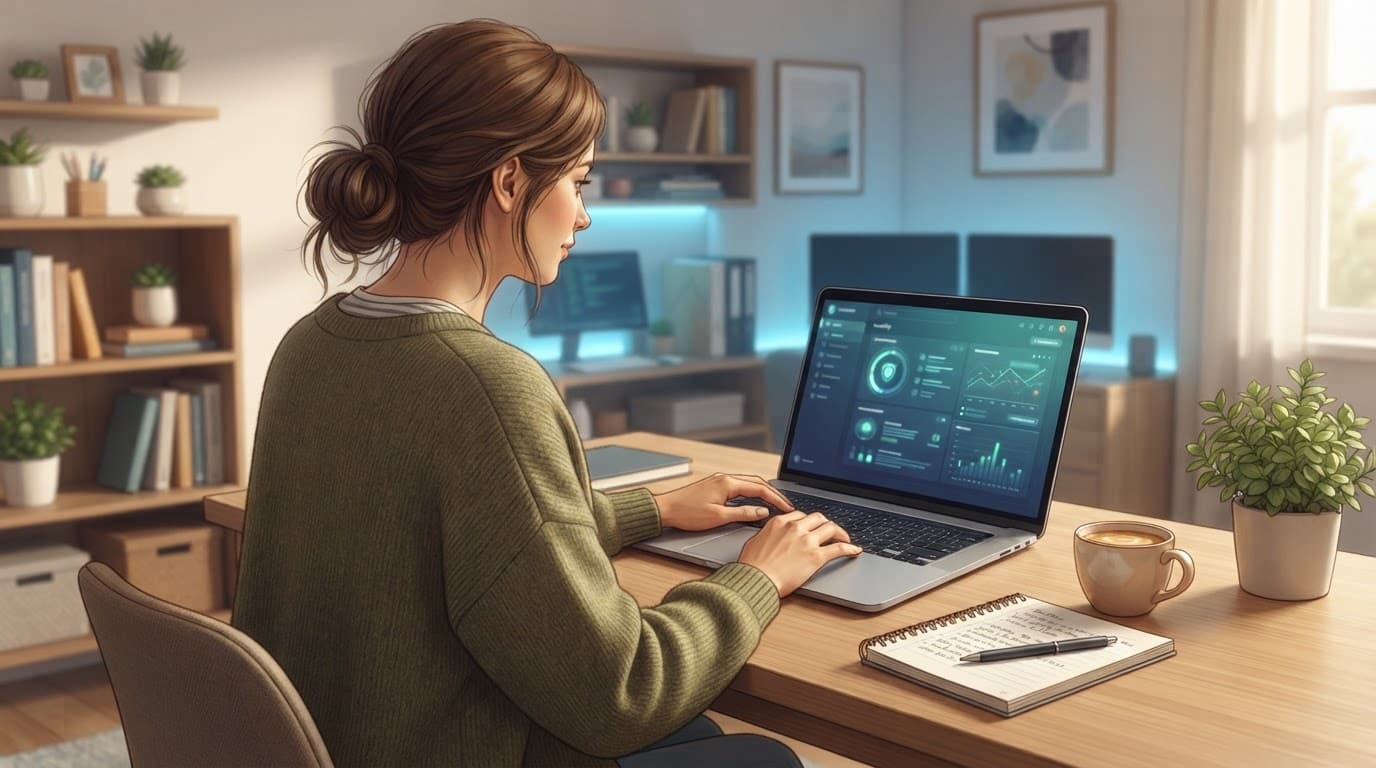 A blogger reviews security alerts on a laptop beside a notebook and coffee.