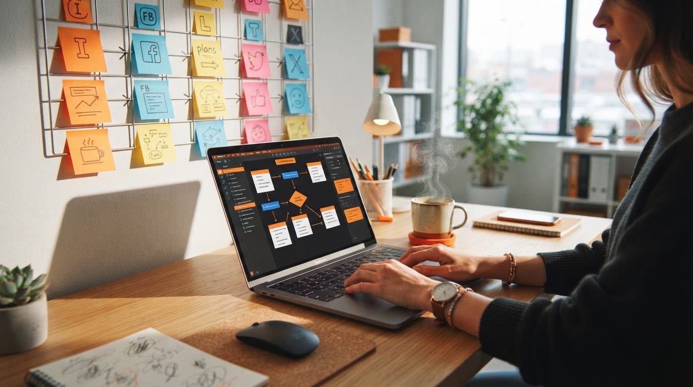 Laptop notes, colorful wall notes, and hot coffee on a bright modern desk.