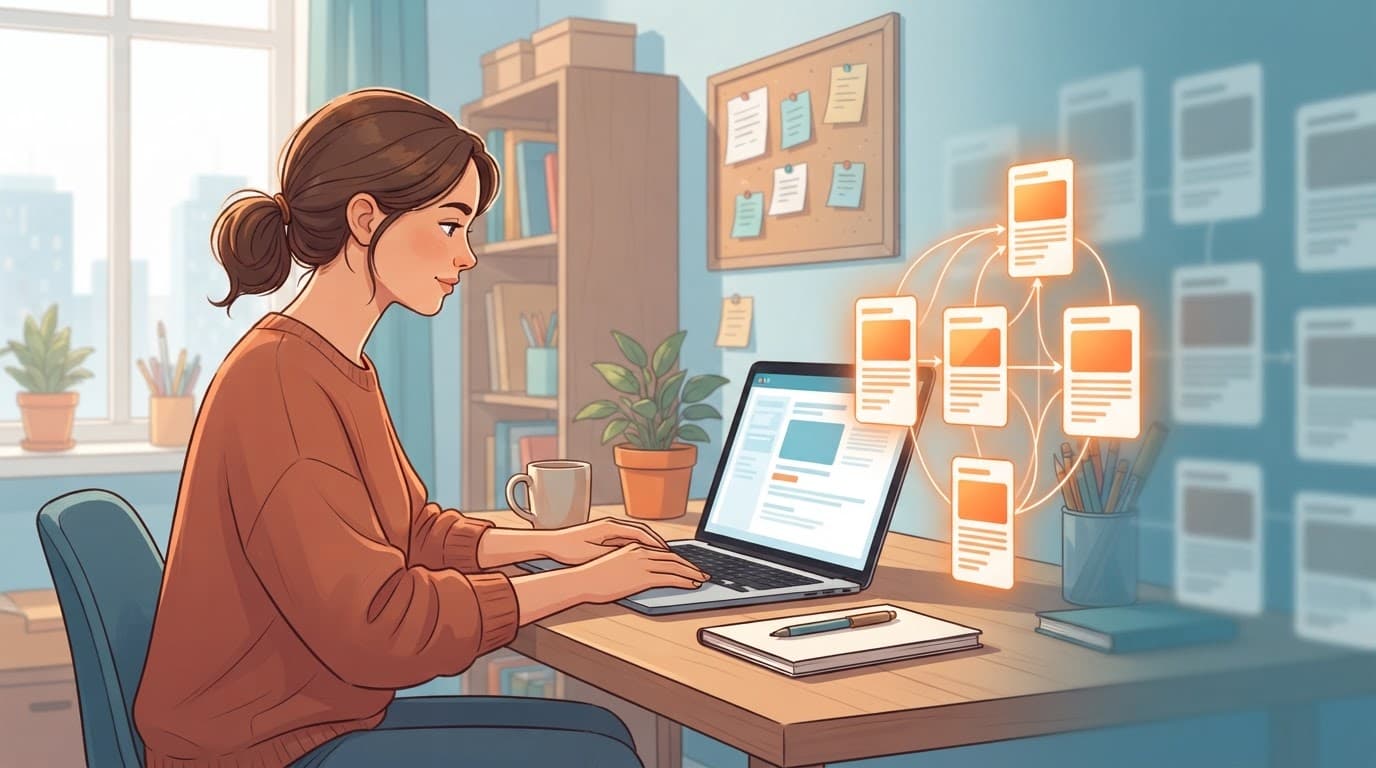 Blogger reviewing highlighted article cards linked beside a laptop.