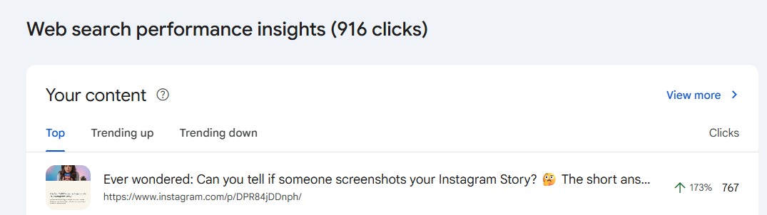 example of my highest ranking Instagram posts showing up on Google