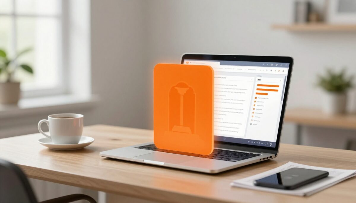 Desk with an SEO laptop, glowing orange pillar icon, papers, coffee mug, and plant.