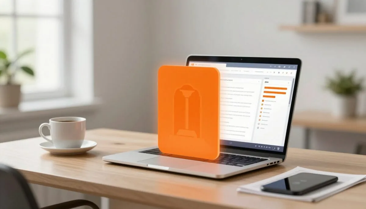 Desk with an SEO laptop, glowing orange pillar icon, papers, coffee mug, and plant.